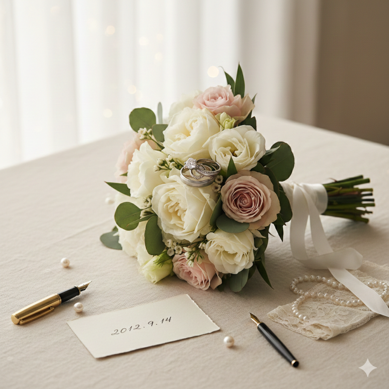 結婚式のイメージ 指輪と花束