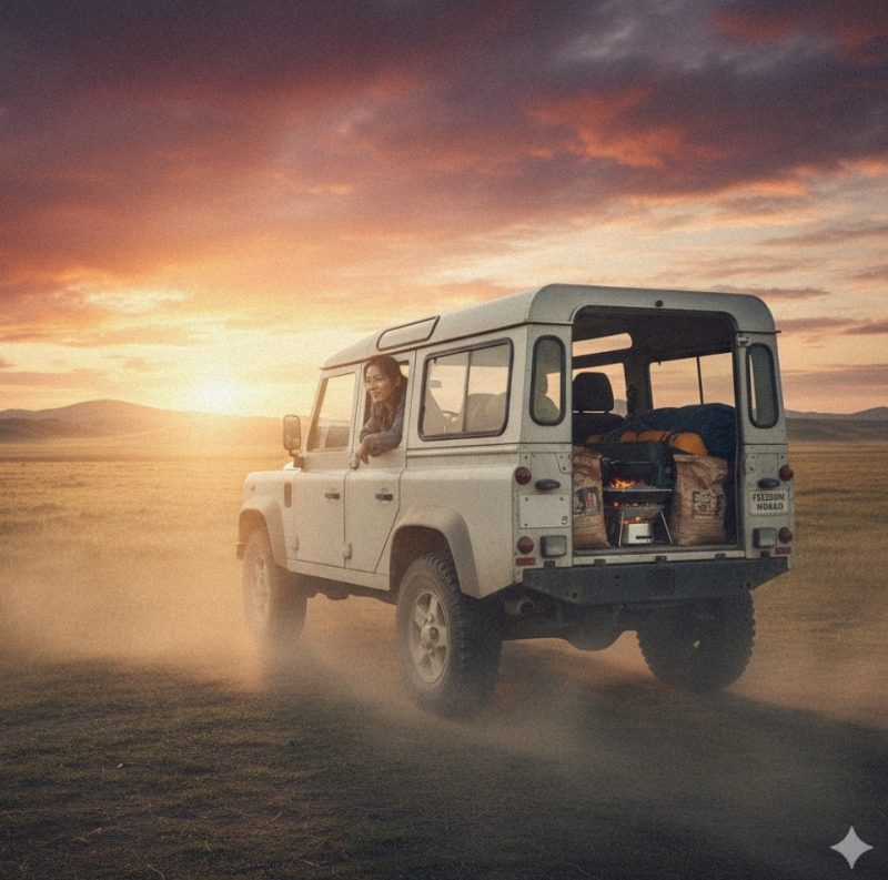 朝日を浴びながらキャンプ地に向かう車のイメージ