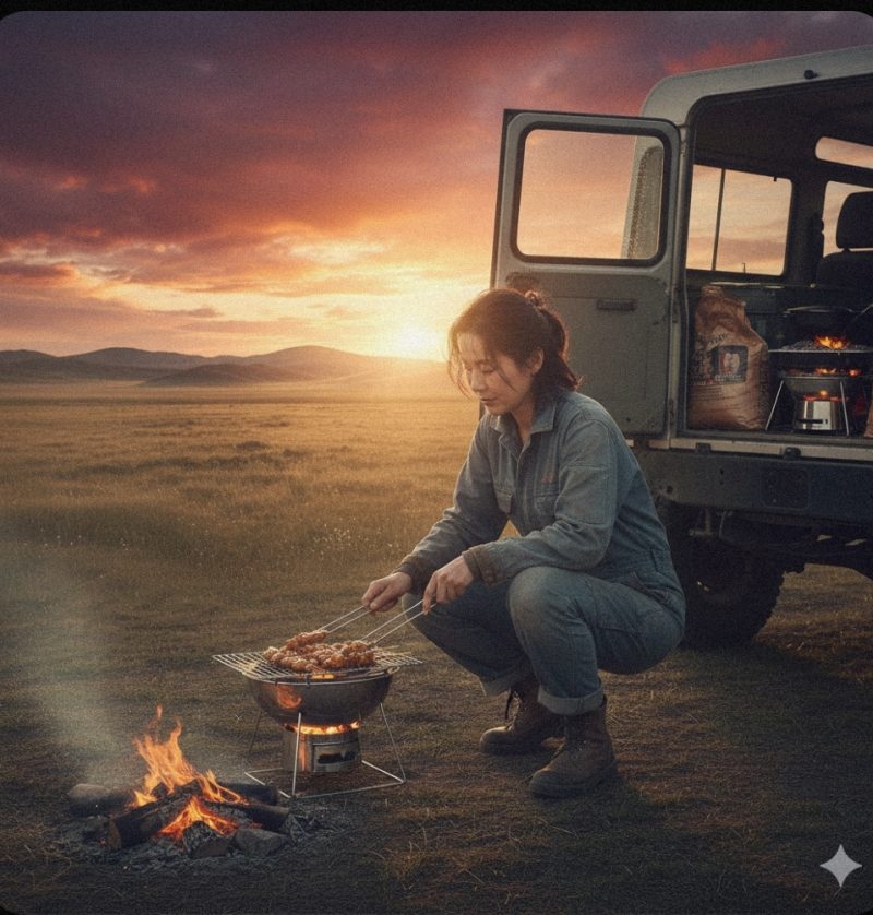 キャンプ地で Siri を使って焼き鳥を焼いているイメージ