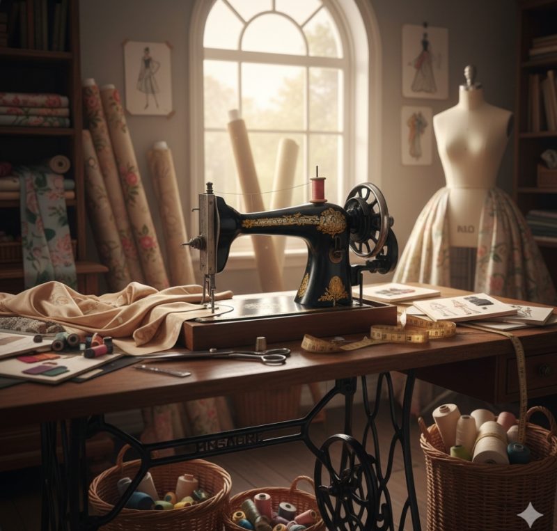 クラシックなミシンとデザイナーの仕事場のイメージ