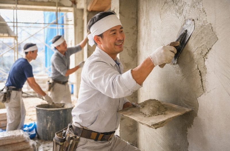 左官職人の仕事風景 福原遥さんの父親の職業