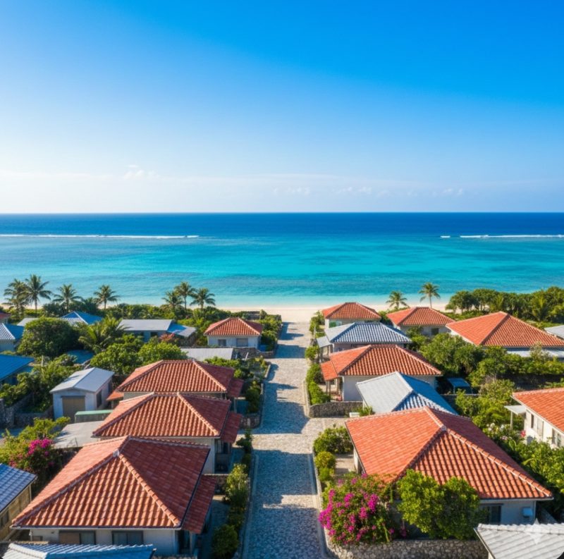 沖縄の青い海と赤瓦の屋根が並ぶ街並みのイメージ