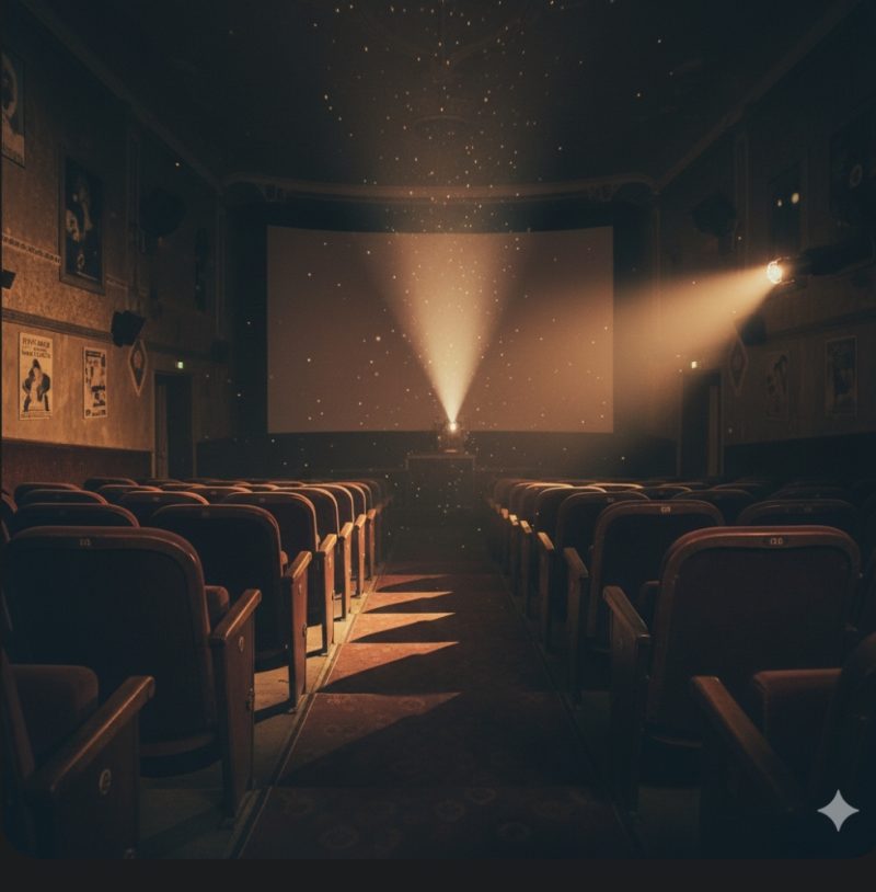 古い映画館の客席と映写機の光が差し込むイメージ