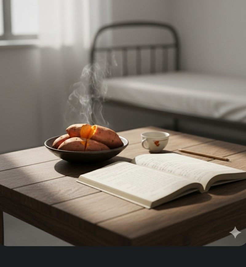 質素な木のテーブルの上に置かれた蒸した芋と、開かれた台本のイメージ