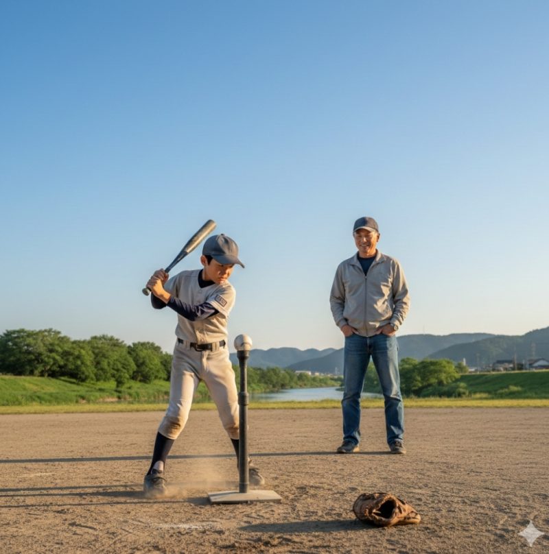 青空の下、野球の練習に打ち込む少年を見守る父親