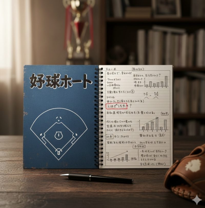 机の上に置かれた一冊のノートとペン