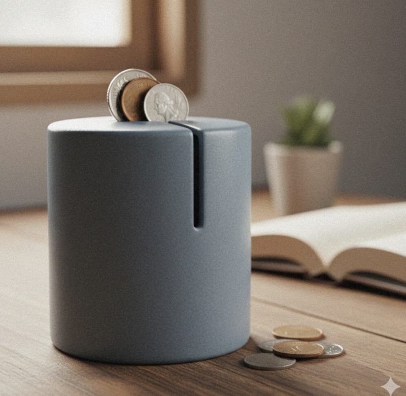 シンプルな貯金箱と少額のコイン