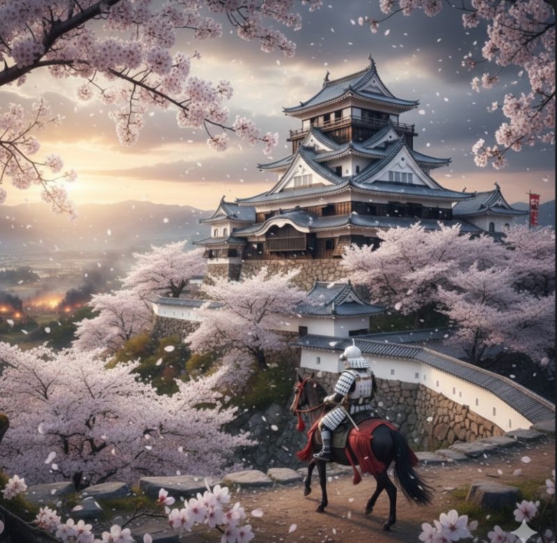 日本の城と桜の風景。戦国時代舞台をイメージ