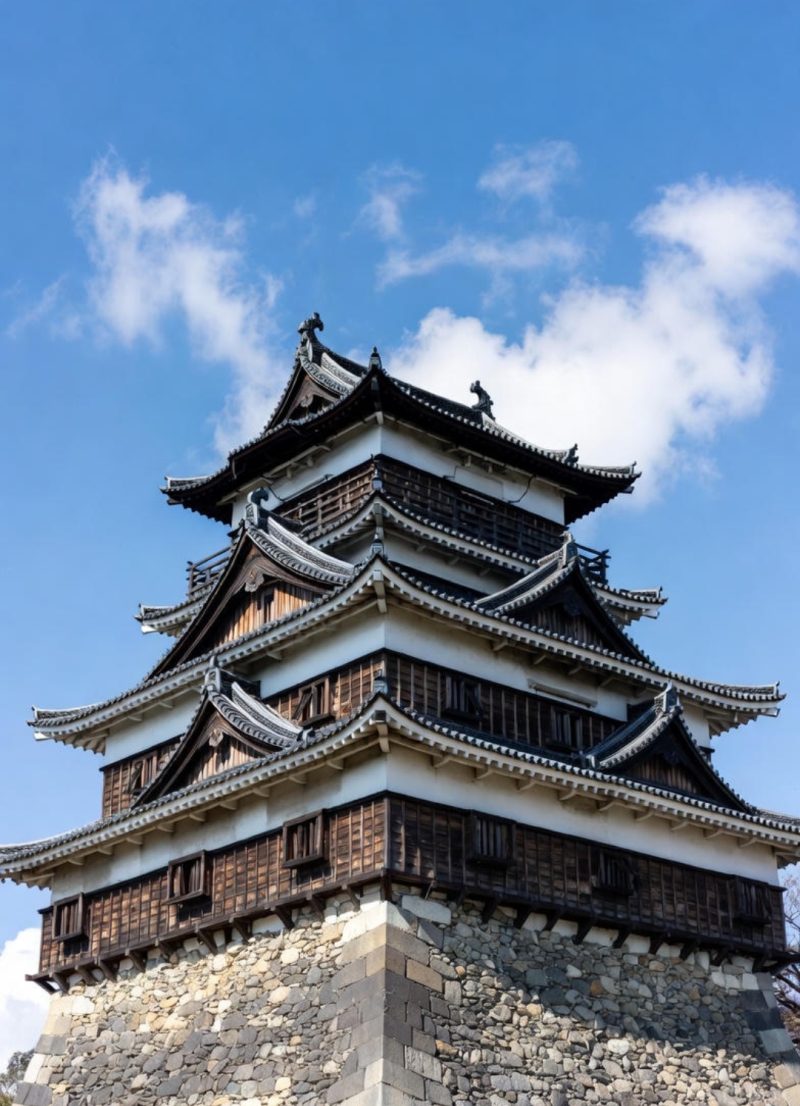 日本の城の天守閣と青空。戦国時代の天下人をイメージ
