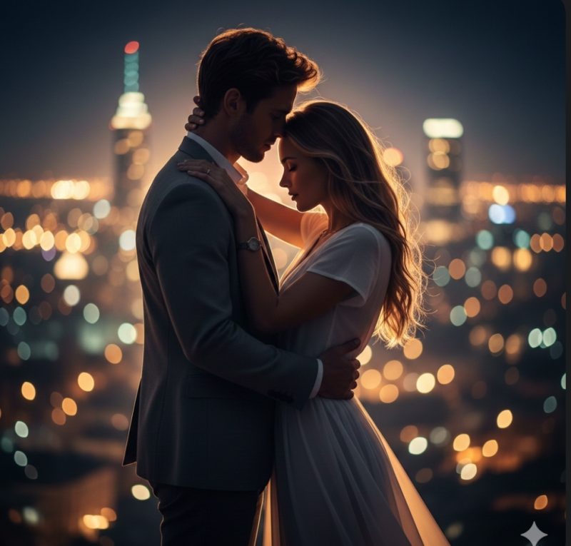 夜の街で仲睦まじく歩く、オーラのある美男美女のカップルのシルエット