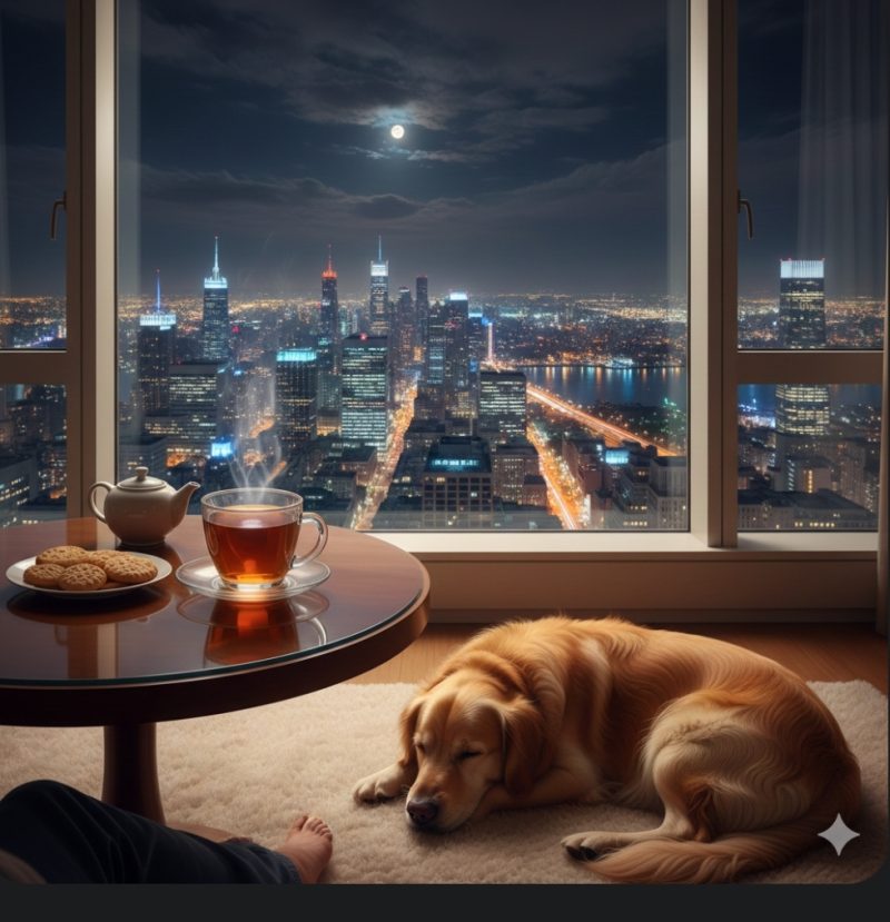 高級マンションの窓から見える夜景と、温かい紅茶が置かれたテーブル、足元に寄り添う犬のイメージ画像。