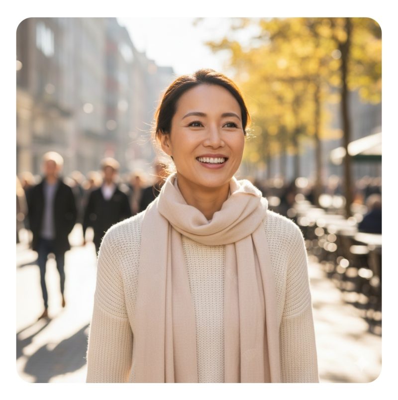 笑顔で外出する40代女性の画像