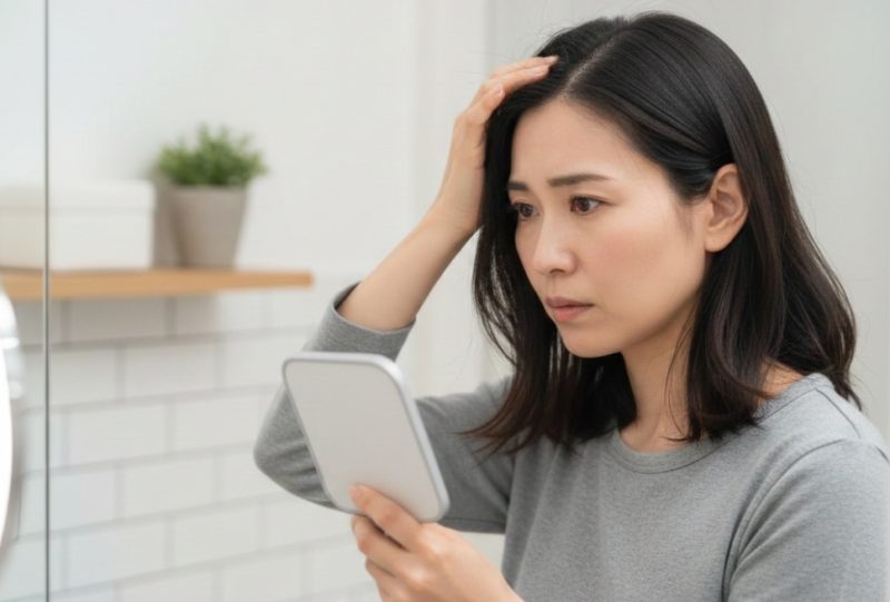 鏡を見て分け目を気にぢている40代の女性の様子