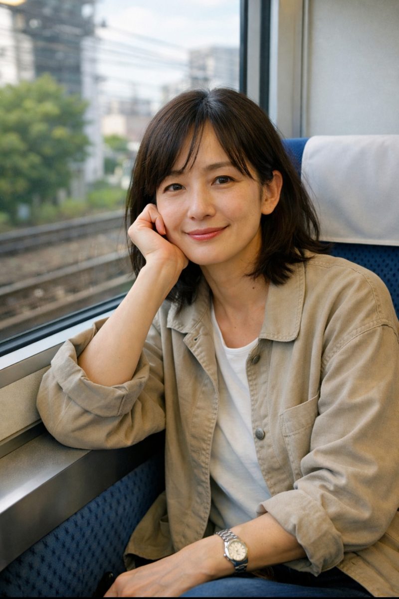 電車移動中に座席に座り自然体な表情を見せる西田尚美さんのイメージ