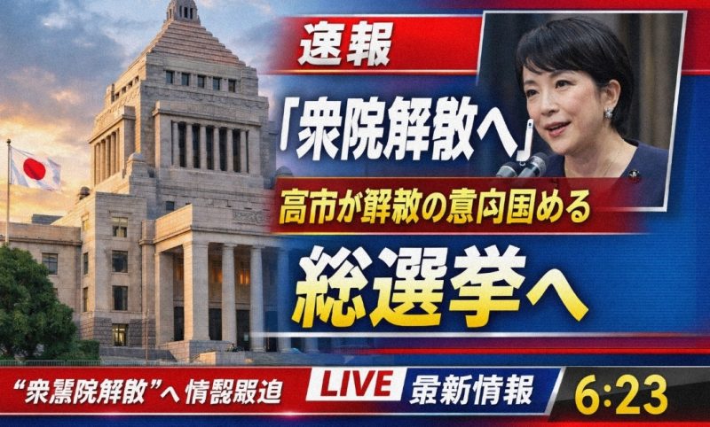 国会議事堂と解散ニュースを伝えるニュース イメージ