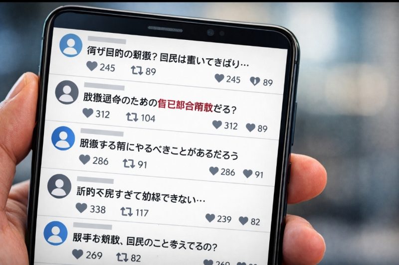 スマートフォン画面に表示されたSNS上の批判コメント