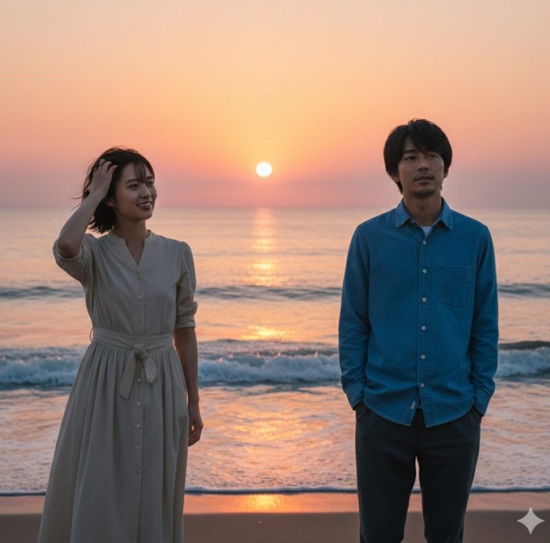 二人の信頼関係を象徴するような、夕陽に照らされた静かな海の風景