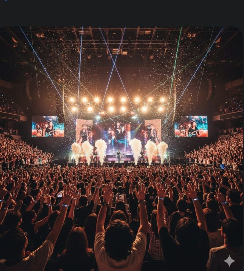 大勢の観客の盛り上がるコンサート会場の様子