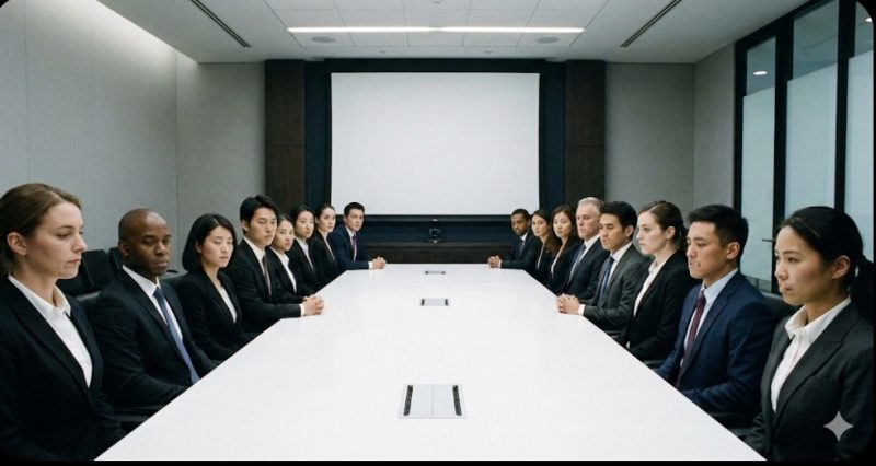 会議室で多くの人が口を閉じている様子。