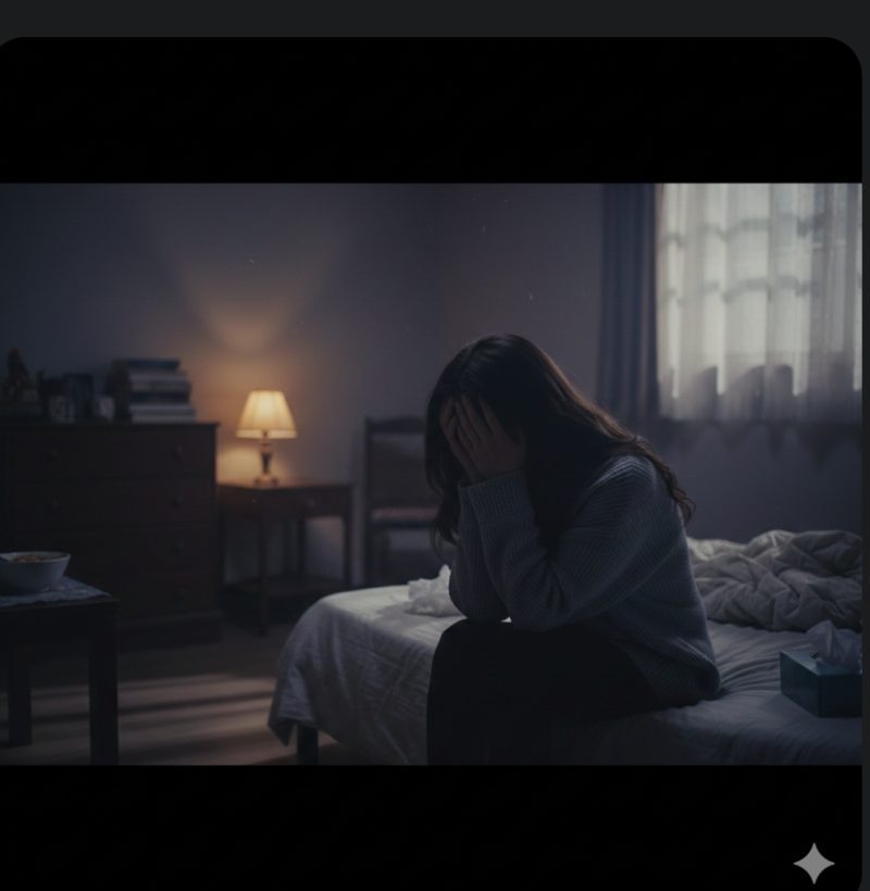 暗い部屋で一人で悩む女性のイメージ