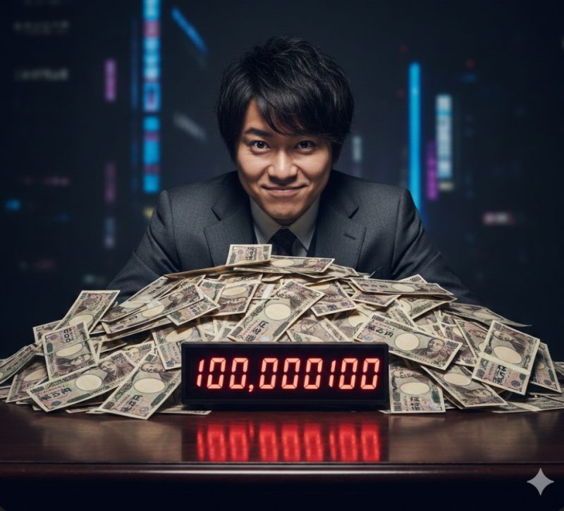 1億円の借金を抱えて不敵に笑う男性のイメージ