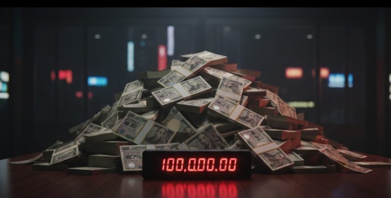 積み上がった1億円の札束とデジタルカウンター