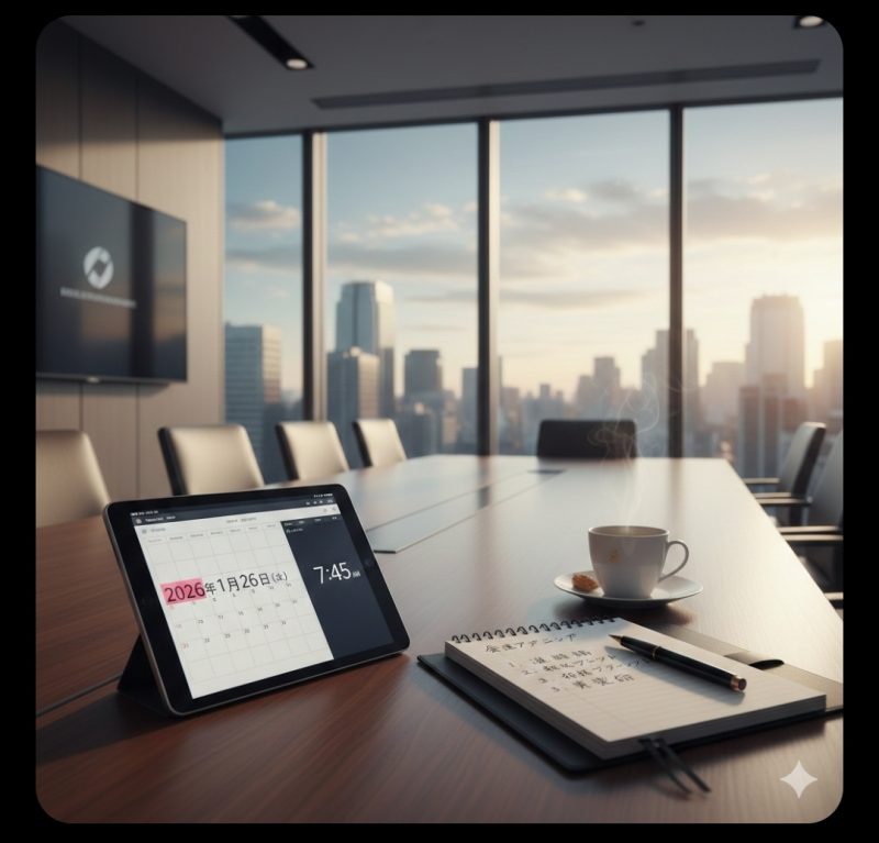 会議室に置かれたタブレットとノート