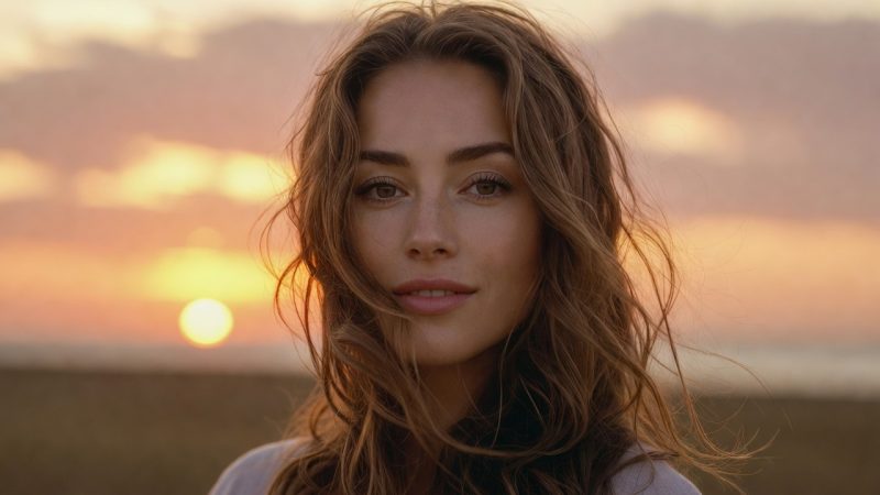 夕暮れを背景に前を見据える女性のイメージ