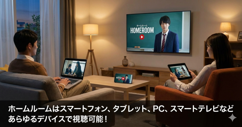 ホームルームはスマートフォン、タブレット、PC、スマートテレビなどあらゆるデバイスで視聴可能です