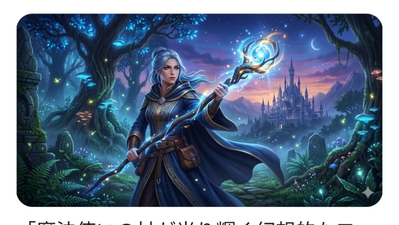 魔法使いの杖が光り輝く幻想的なファンタジー風景