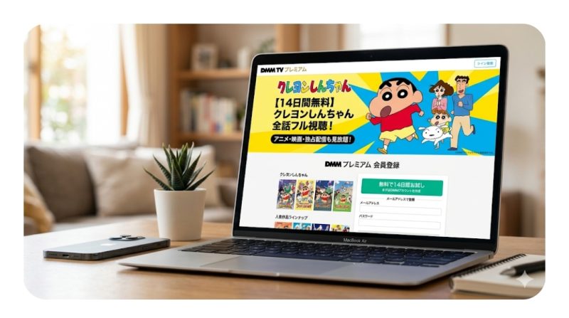 DMM TVの無料登録画面イメージ。クレヨンしんちゃんのバナーが表示されている。