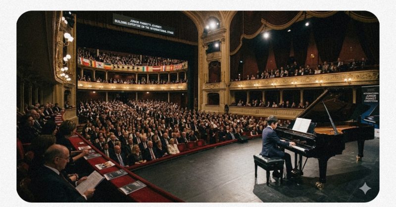 ピアノコンクールで演奏する少年