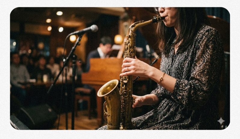 大学時代にサックスに打ち込んだ桑子真帆さんの多才さをイメージした写真