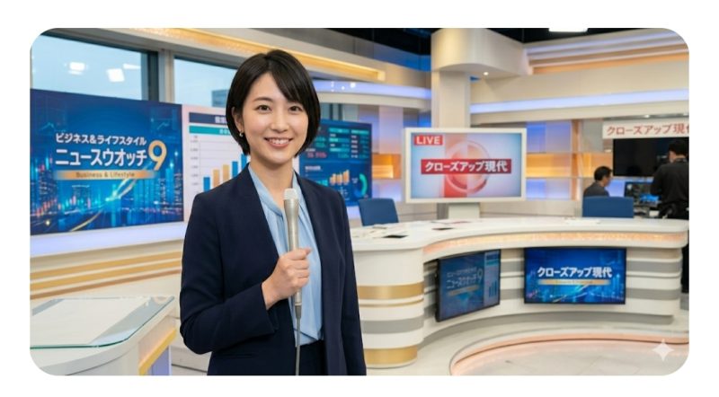 ニュース番組のスタジオでマイクを持つ女性アナウンサーのイメージ