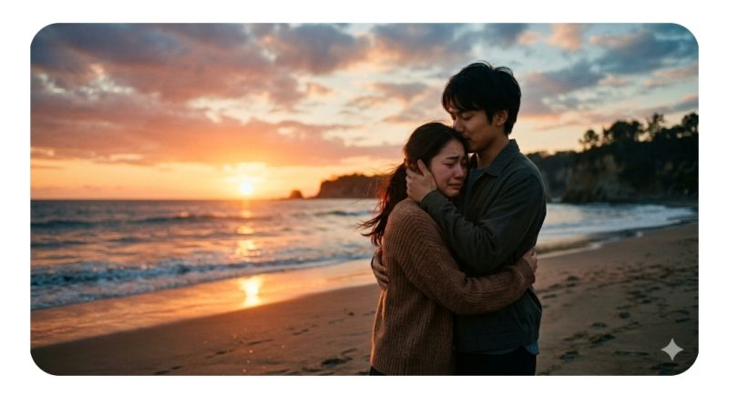 恋愛映画の感動的なラストシーンをイメージした夕暮れのカップル