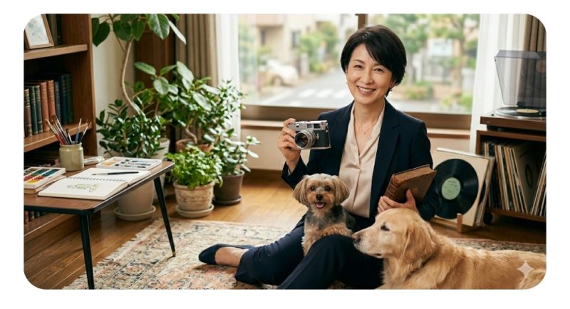 趣味や動物に囲まれて充実した時間を過ごす女性のイメージ