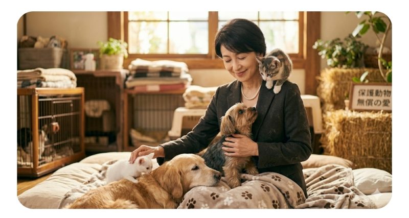 優しい表情で動物と触れ合う片平なぎさのイメージ