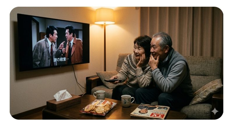 テレビでサスペンスドラマを視聴する様子