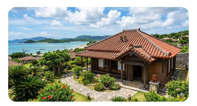 沖縄の伝統的な赤瓦屋根の家とシーサー