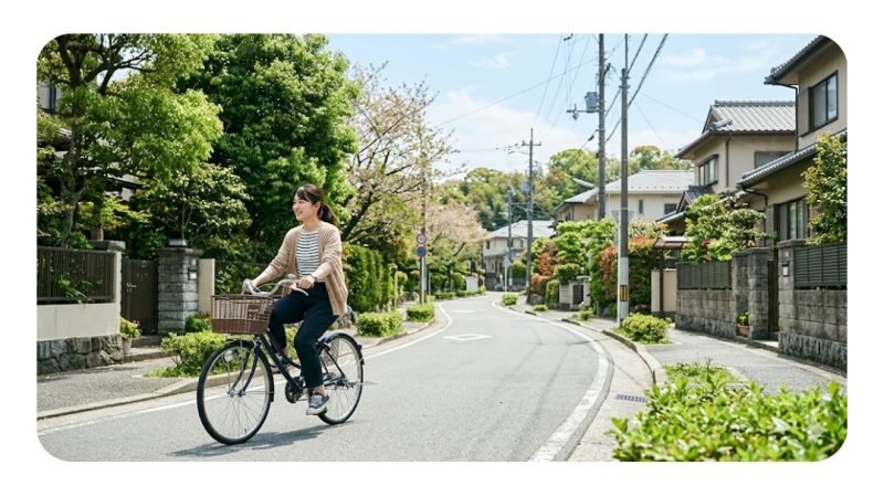 福岡市内の緑豊かな住宅街と自転車のイメージ