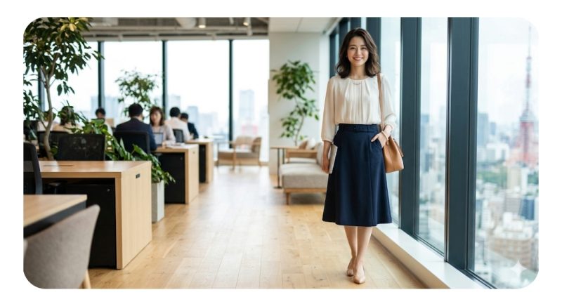 知的なネイビーのブラウスとタイトスカート