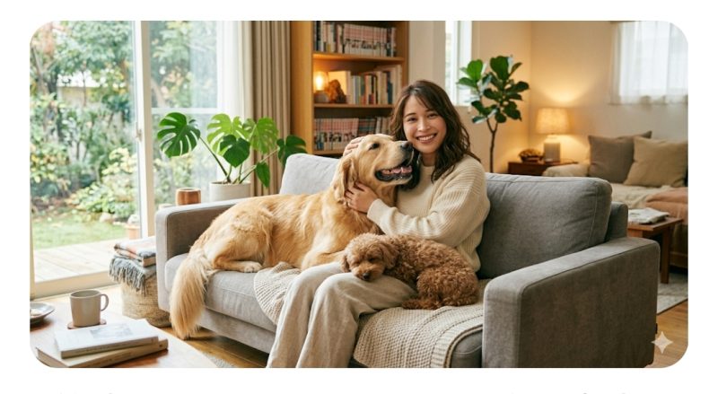 愛犬とリラックスして過ごす女性