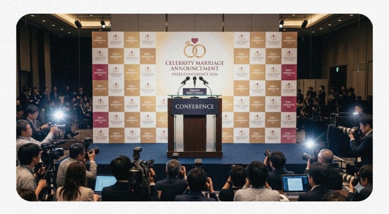 結婚発表の記者会見をイメージしたマイクとステージの風景