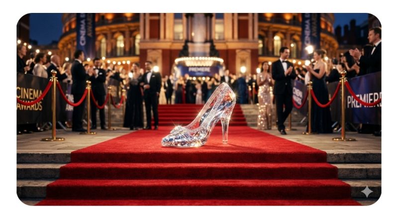 レッドカーペットの上のガラスの靴