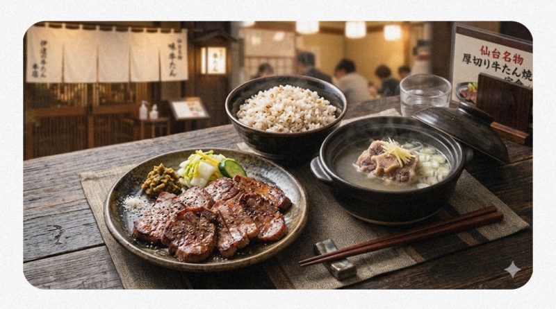 仙台名物の厚切り牛たん焼きと麦飯、テールスープのセット