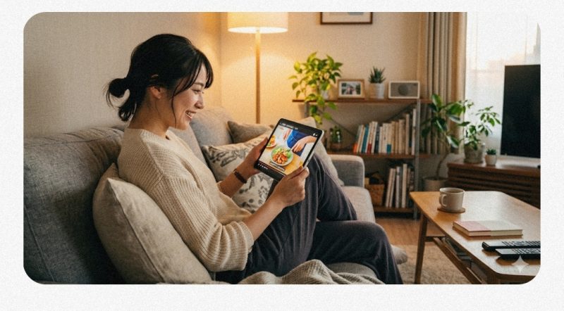 リビングでタブレットを使って動画を視聴する様子