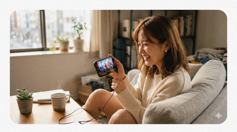 スマートフォンで動画を見ている20代の女性のイメージ
