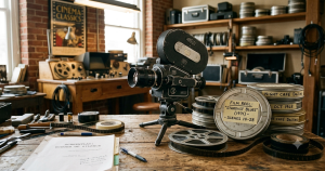 映画のフィルムとビンテージカメラが置かれたスタジオの風景