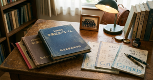 ノスタルジックな学生時代を連想させるアルバムと文房具