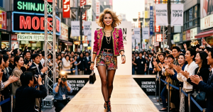 笑顔でポーズをとる華やかな女性モデルのイメージ